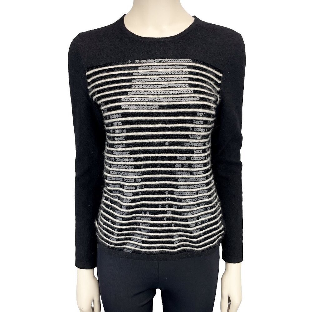 LORD & TAYLOR 100% CASHMERE Stripes Sequins Crew Neck Black Sweater sz Small